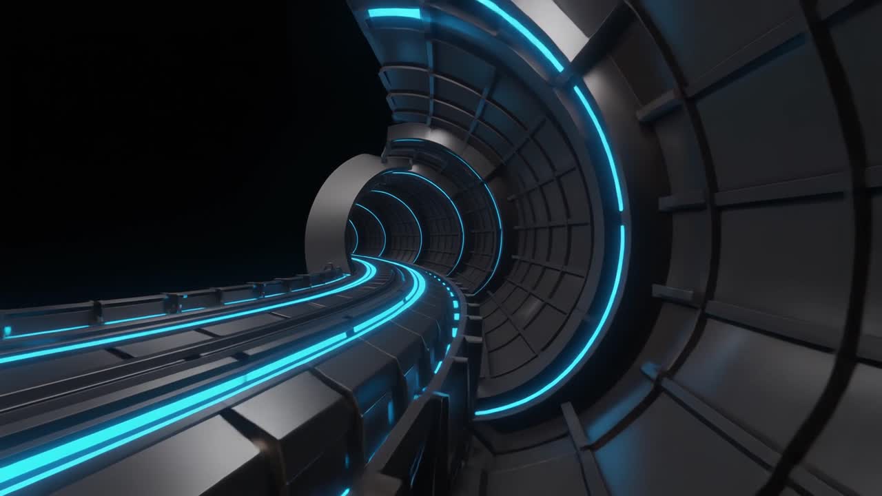 Flying Through a Futuristic Tunnel with Blue Neon Lights