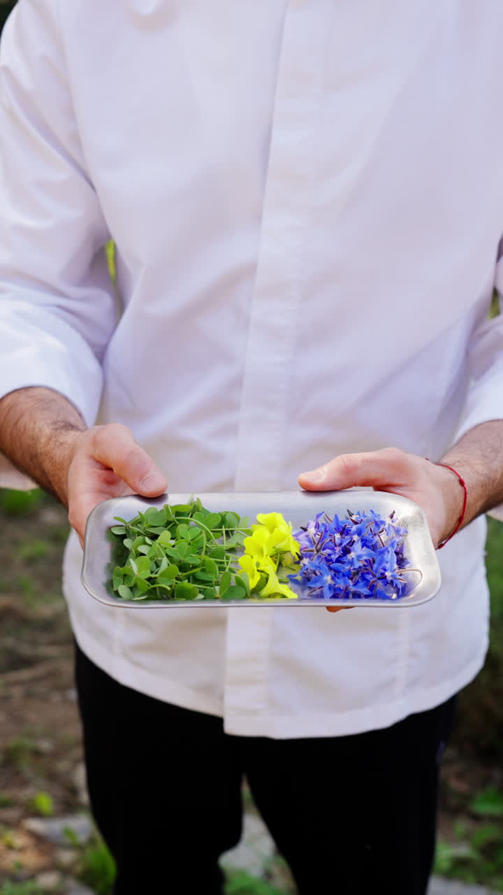 Mann hält im Freien ein Tablett mit essbaren Blumen und frischen Kräutern, nachhaltige Lebensmittelzutaten, biologische pflanzliche Küche im Hochformat