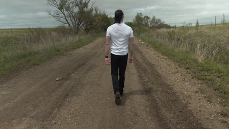 man walking on dirt road by expansive fields