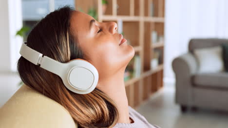 woman face, relax and music headphones