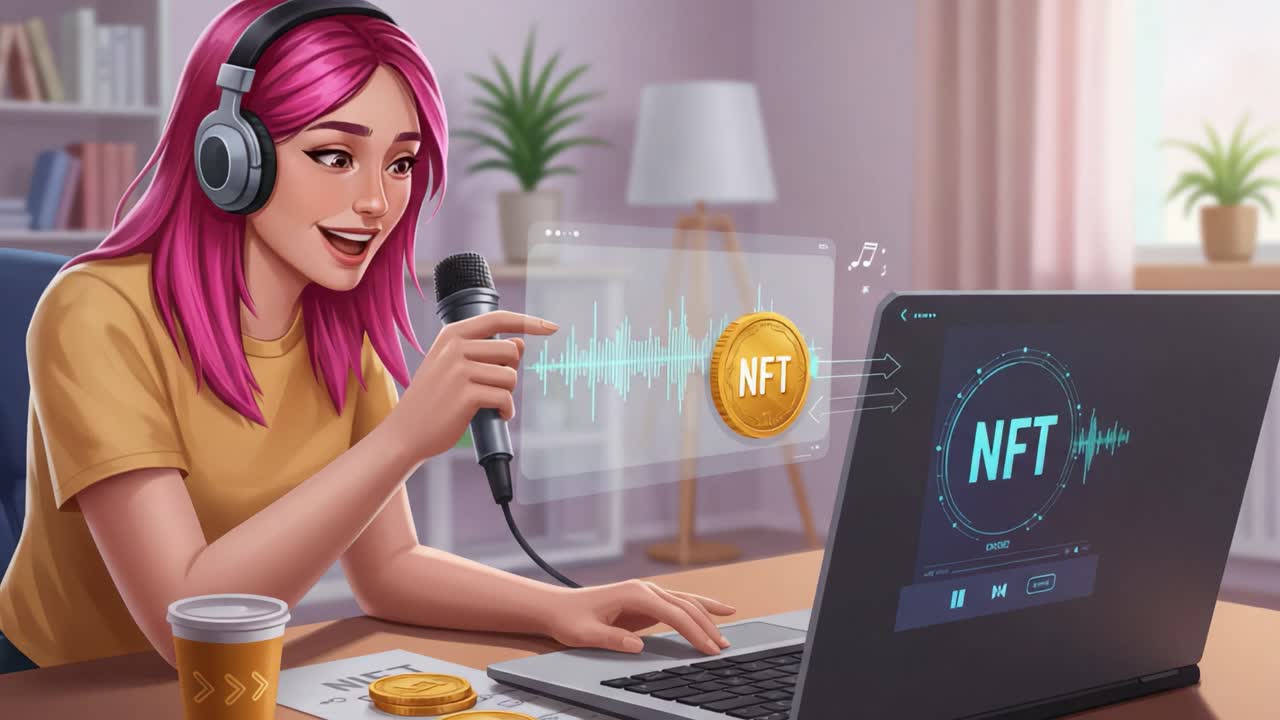 Un content creator impegnato in live streaming, che utilizza la tecnologia NFT e strumenti di produzione musicale mentre mostra valuta digitale in uno spazio di lavoro accogliente