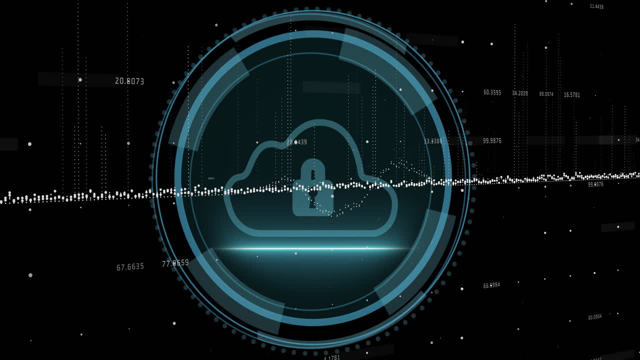 Animation of digital data processing over scope scanning with cloud and padlock