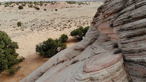 A-spectacular-close-up-drone-shot-of-a-band-of-three-mountain-goats-climbing-and-trekking-along-a-rock-wall-in-the-middle-of-the-desert-near-Antelope-Canyon,-just-East-of-Page,-Arizona