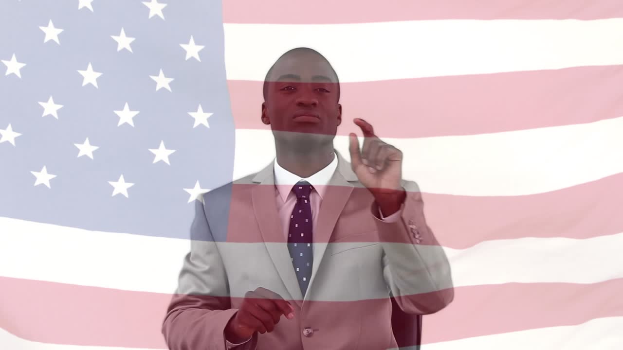 Animação da bandeira dos EUA sobre empresário afro-americano