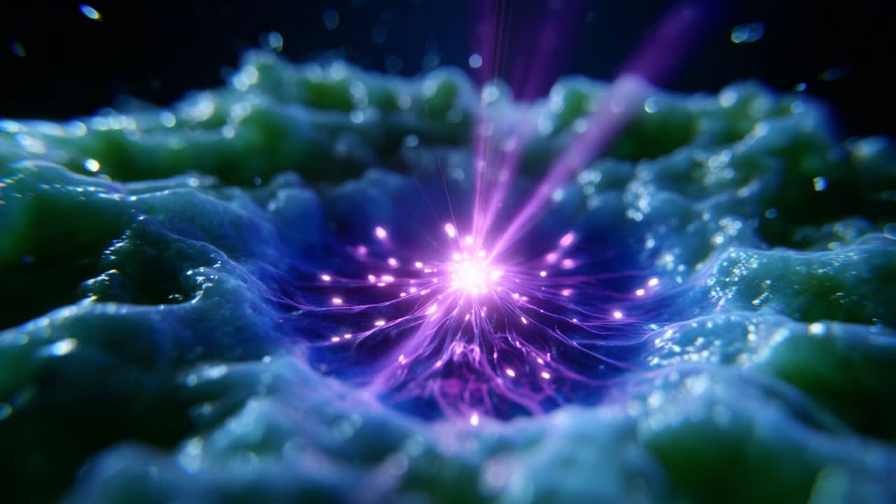 A stunning visualization of a radiant, pulsating energy source surrounded by organic textures, showcasing a captivating interplay of colors and light that emphasizes the intricate details of the surrounding environment