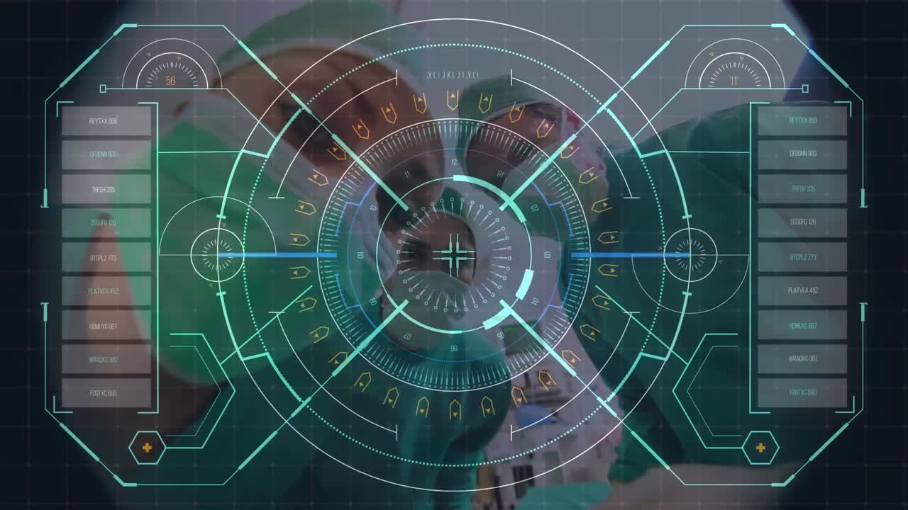 interfaz digital con el procesamiento de datos médicos contra el equipo de cirujanos que realizan la operación