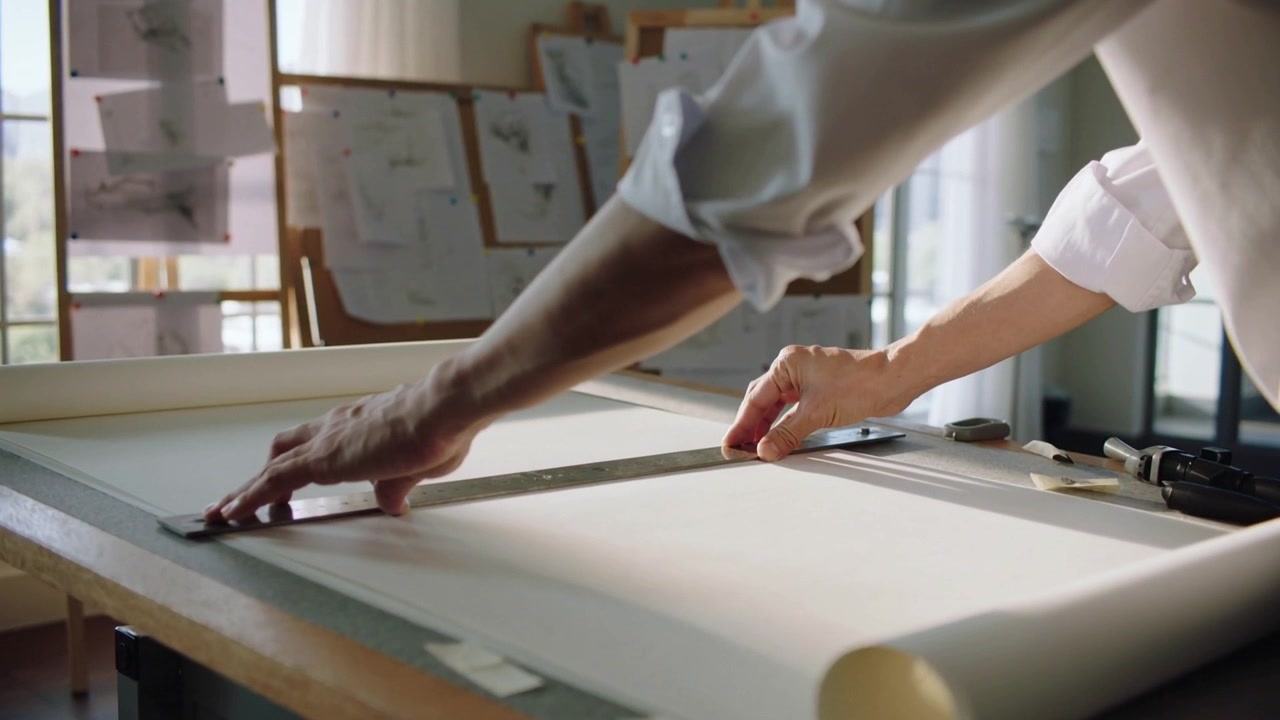 Unrolling sheet at drafting table edge, rolled-sleeve hands taping, sliding ruler, marking line