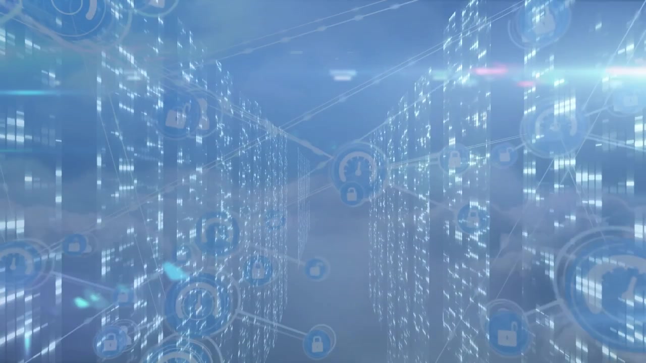 Animation of network of connections and icons and data processing over blue sky