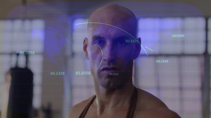 Man finishing rope set and turning to camera, animated fitness metrics mapping performance