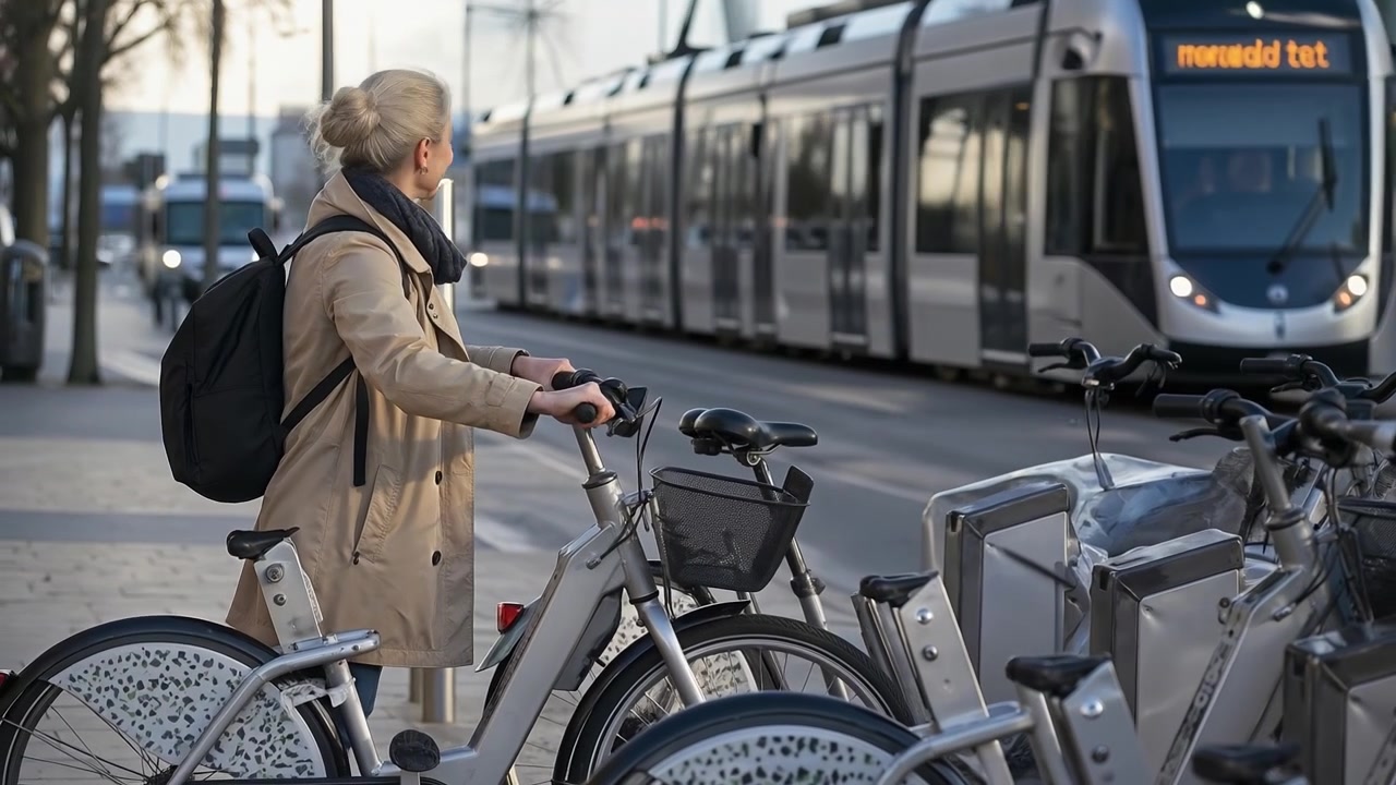 Woman in a tan coat unlocking a bicycle from a city bike-sharing station near a tram