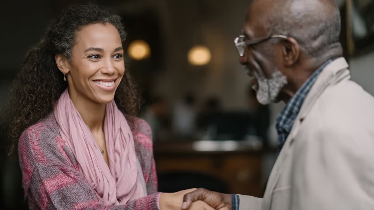 A Heartwarming Interaction Between Two Individuals Featuring a Young Woman and an Elderly Man, Capturing the Joyful Moments of Connection and Smile During Their Meeting at a Cozy Venue