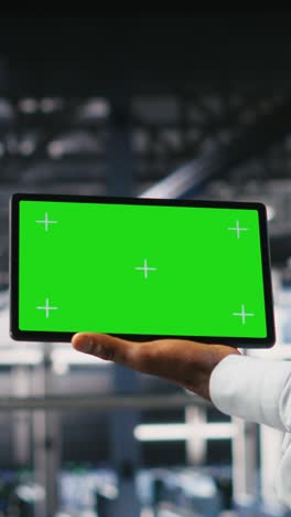 vertical video close up of engineer using green screen mockup tablet in data center