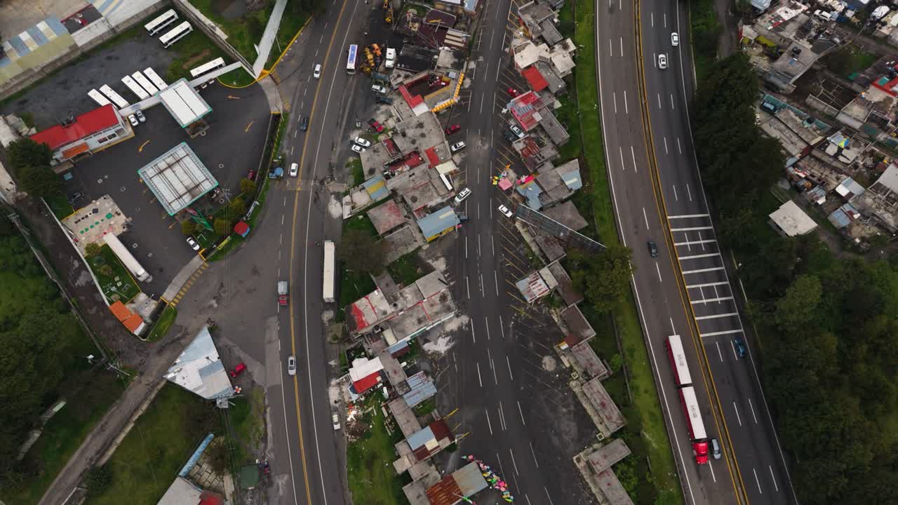 Aerial, top-down view of highways in Mexico, captured by a drone