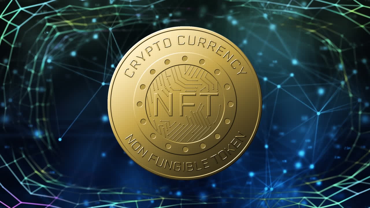 황금 동전과 어두운 배경의 연결 네트워크에 대한 nft 텍스트의 애니메이션