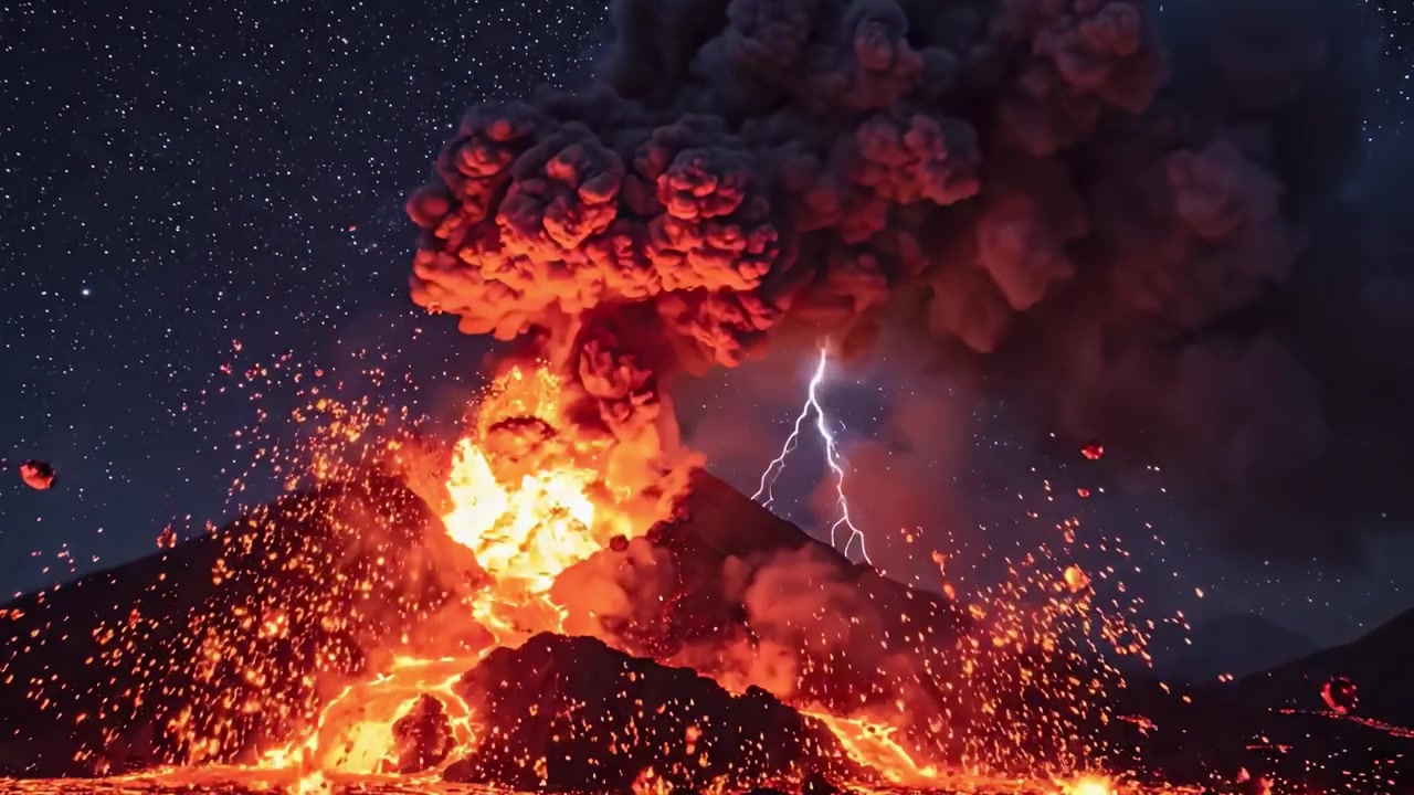 Majestatyczna erupcja wulkanu ukazująca ognistą lawę i kłębiące się chmury popiołu na tle gwiaździstego nieba, oddająca surową moc i piękno furii natury.