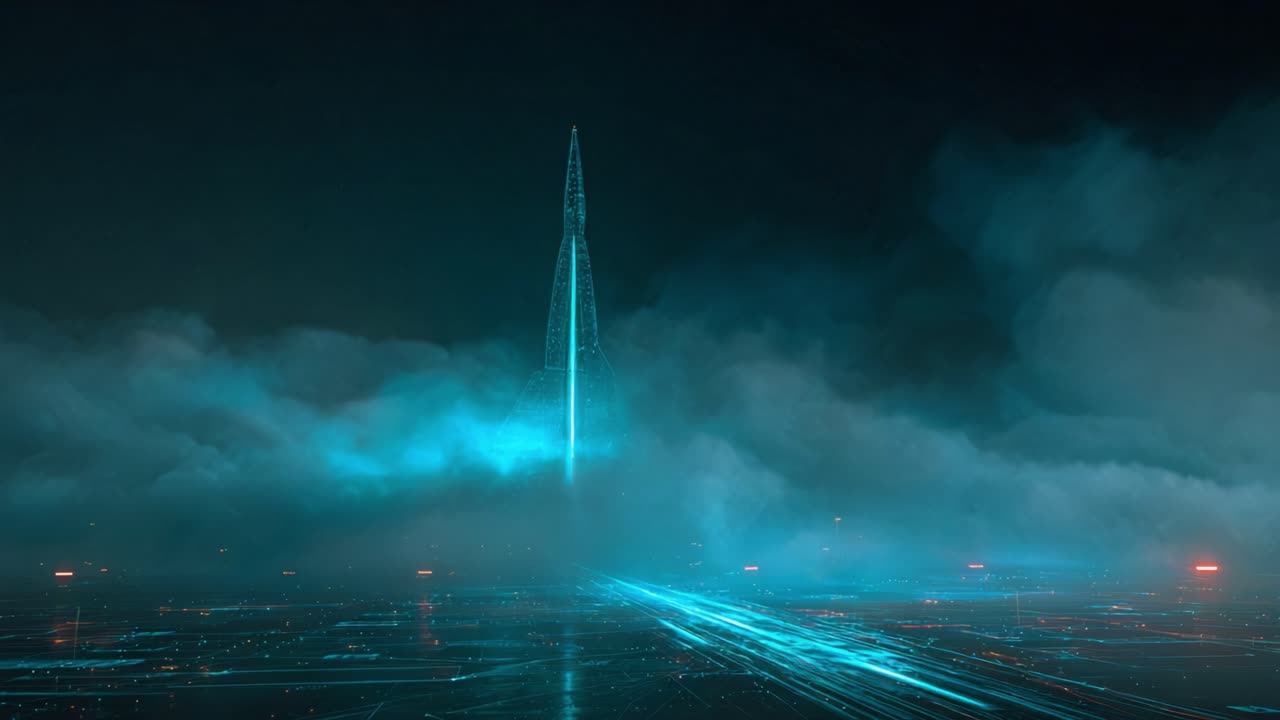 Ethereal cyan light beam descending from a cloudy night sky onto a futuristic digital landscape, reflecting on a wet surface with flowing data streams and glowing red elements