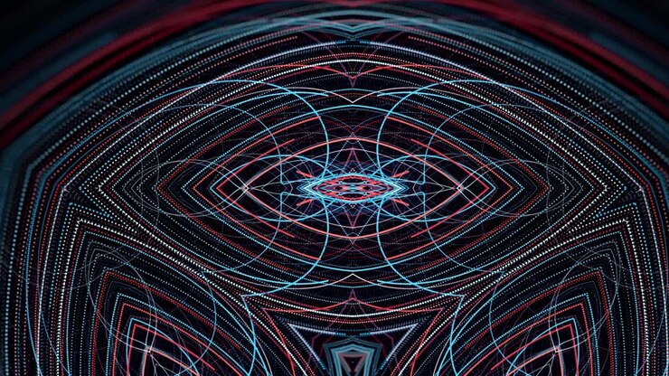 Padrão Geométrico Abstrato Simétrico com Linhas e Pontos Luminosos