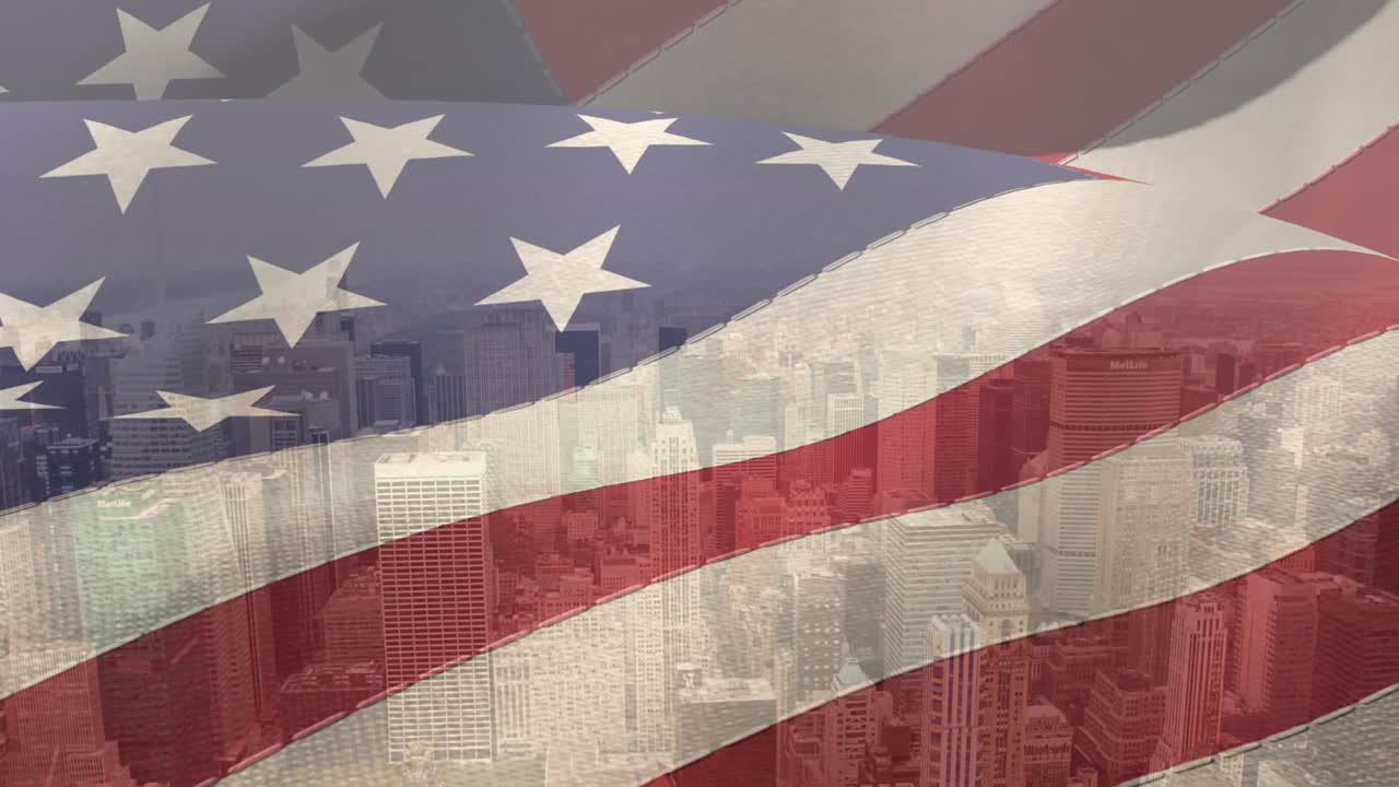 Animation of american flag over cityscape