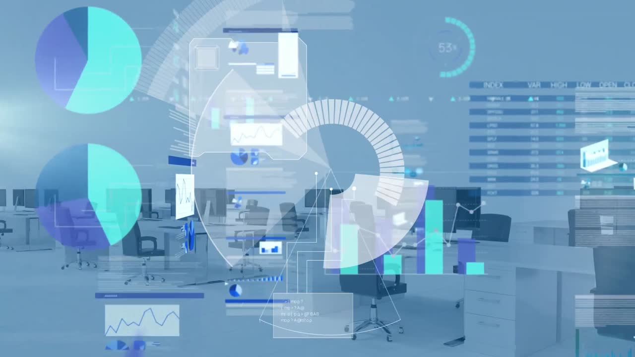 統計データ処理のデジタルインターフェースのデジタルアニメーション 空のオフィス