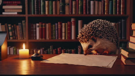 hedgehog writing a letter in a cozy library