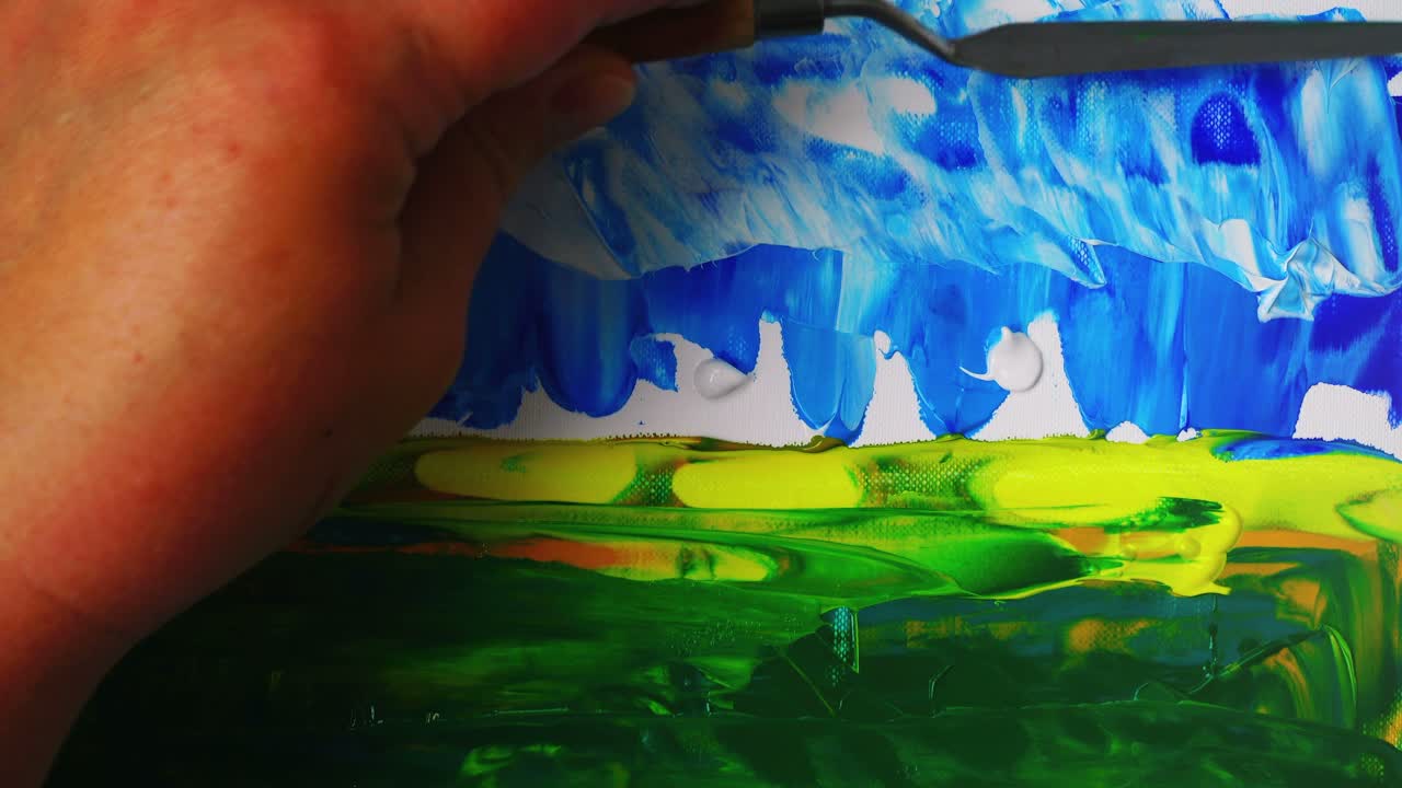 El artista dibuja un fondo abstracto acrílico. Fondo acrílico