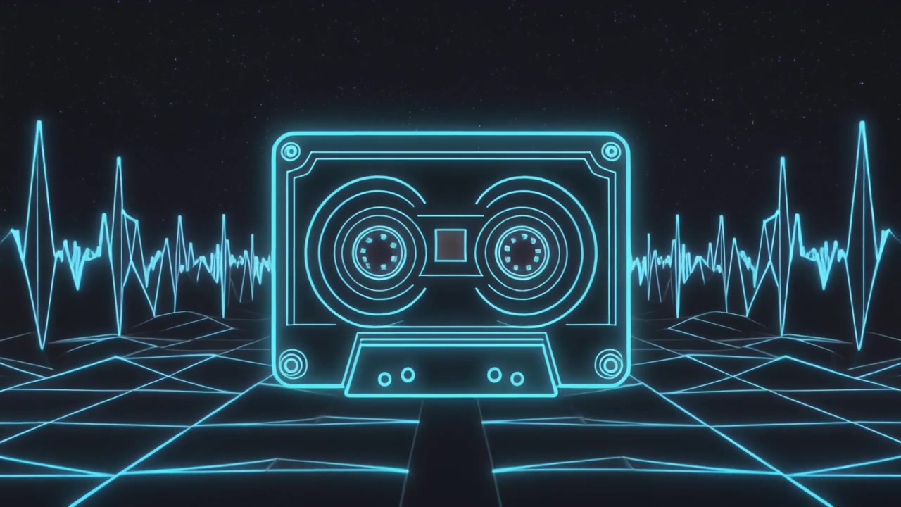 Cassetta a nastro retrò al neon con visualizzatore audio Synthwave