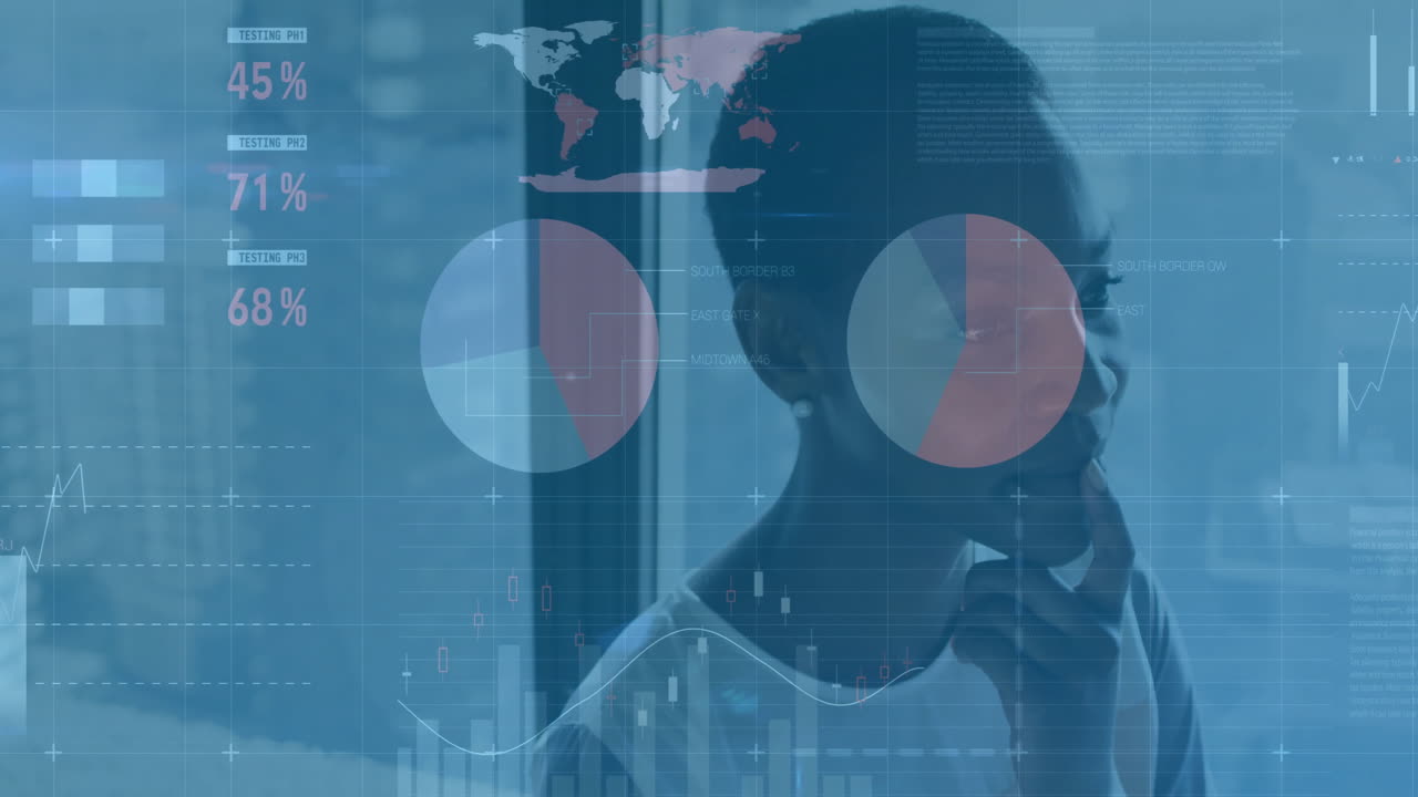 animación del procesamiento de datos financieros sobre una mujer de negocios afroamericana en la oficina