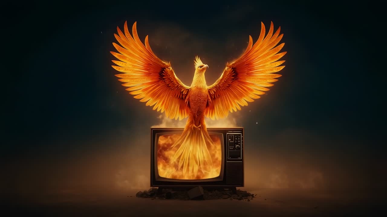 Embers sparking phoenix rising from antique television in dark void, with smoke and rubble