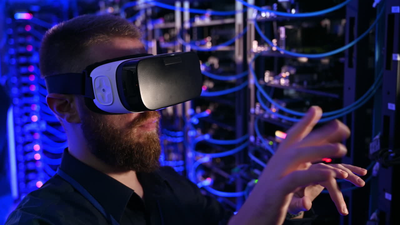Man using Virtual Reality headset in a server room