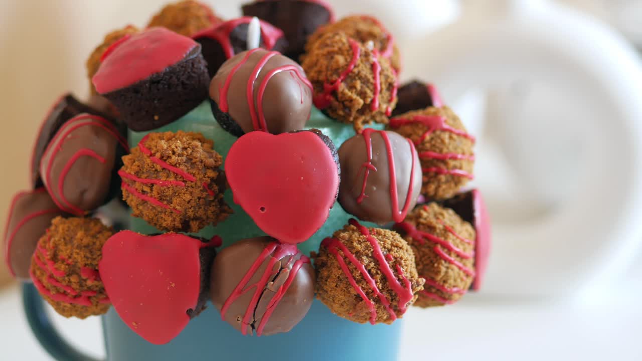 chocolate y un ramo de brownies en una taza de azul azulado
