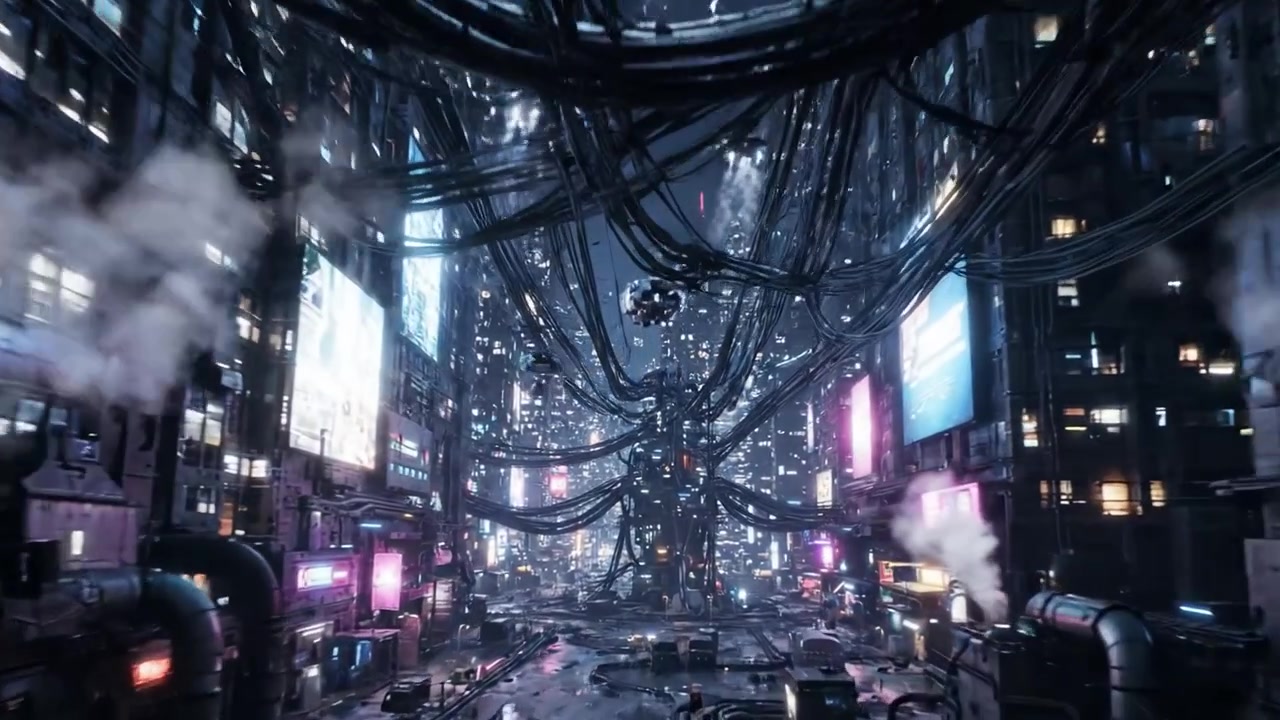 A Glimpse into a Cyberpunk Cityscape: Futuristic Neon Lights, Interwoven Wires, and a Dark, Atmospheric Urban Environment at Night