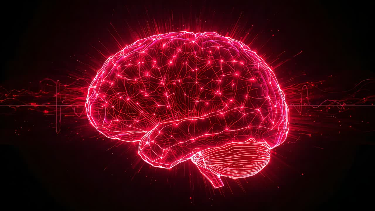 Oscillating wave driving red brain mesh pulsing with lit nodes, nerve lines in void for simulation