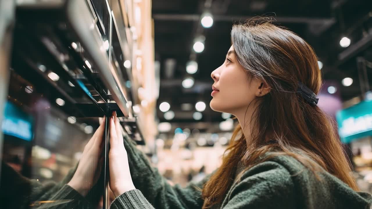 Young woman examining products in a retail store at daytime