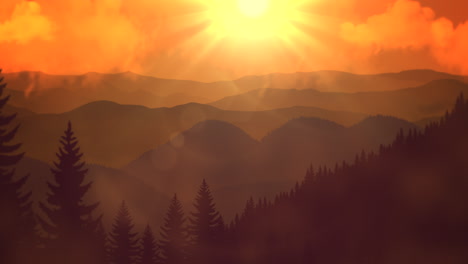 Sunset-landscape-with-sun-beams-and-forest-in-summer-time