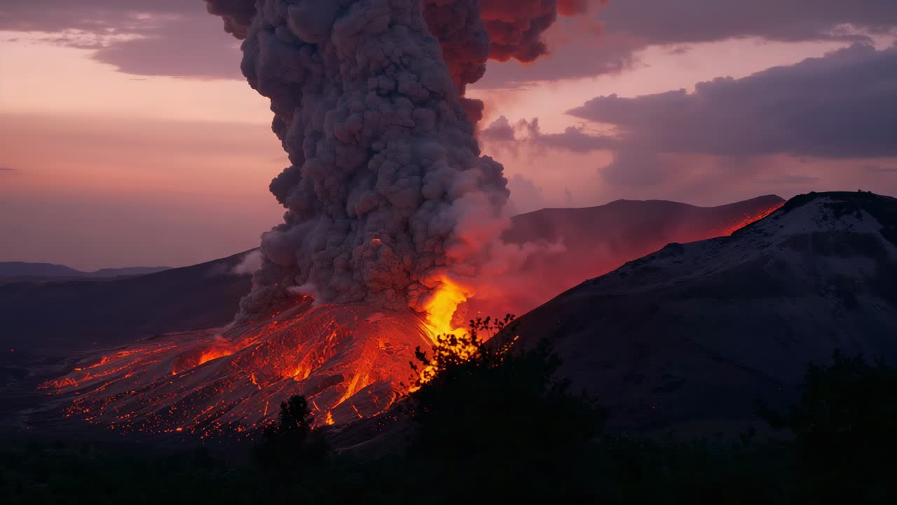 Erupting vent sending ash plume and glowing lava flows down slope in mountains from rising magma
