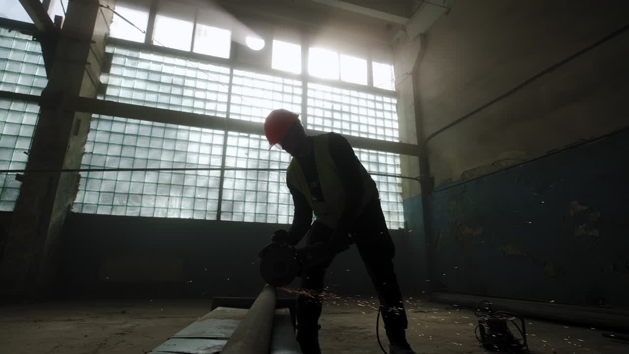 건설 노동자가 원형 도자기로 강철을 자르고, 건설 노동자의 발, 원형 도사에서 날아가는 불꽃.