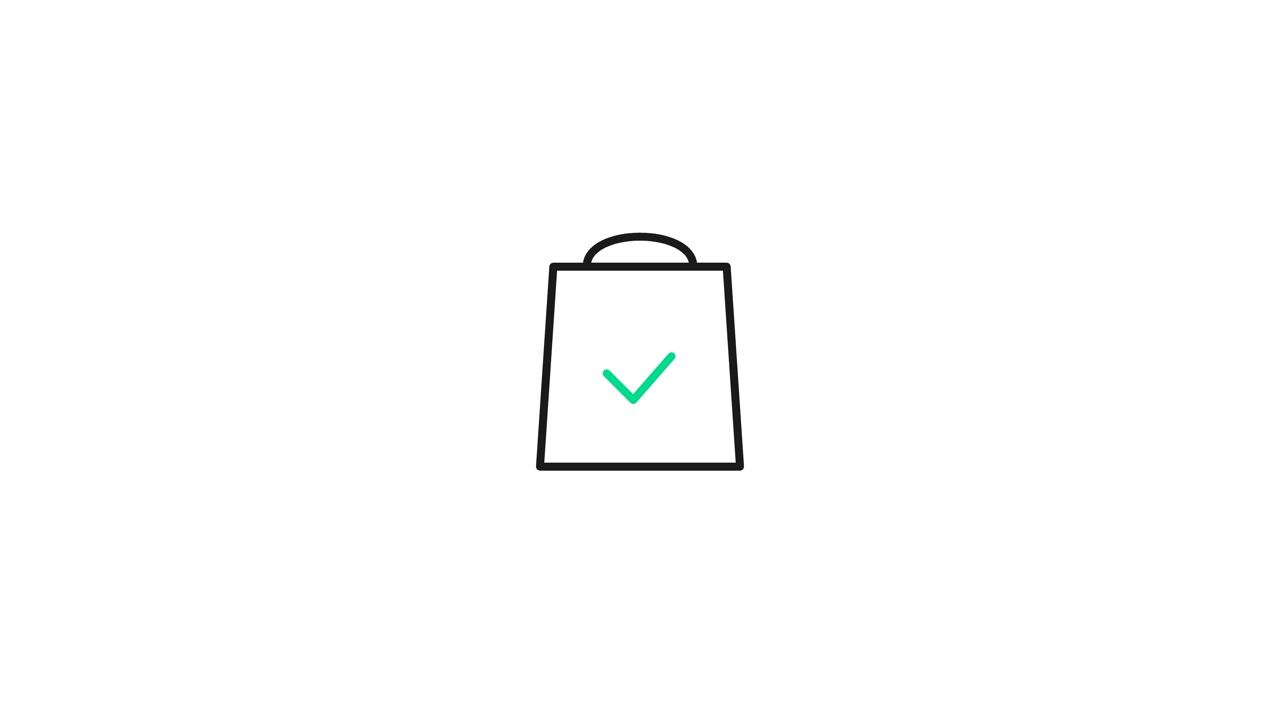 Disegno al tratto animato di una borsa della spesa con un segno di spunta verde