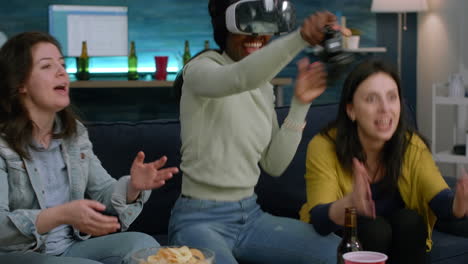 upset afro american woman wearing virtual reality headset losing online videogames