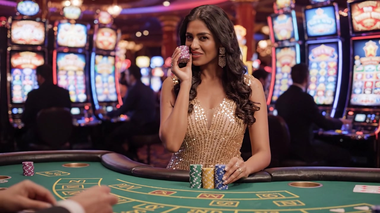 Una donna affascinante in un abito scintillante si immerge nell'eccitazione di un ambiente da casinò, mostrando sicurezza e il brivido del gioco d'azzardo ad alte puntate.