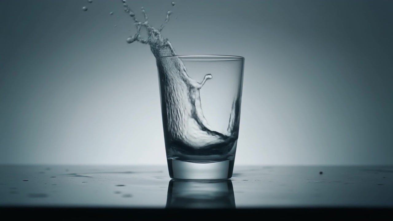 Acqua che schizza in un bicchiere su una superficie riflettente