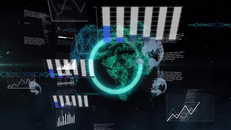 Animation of data processing on graphs and charts over global network on black background