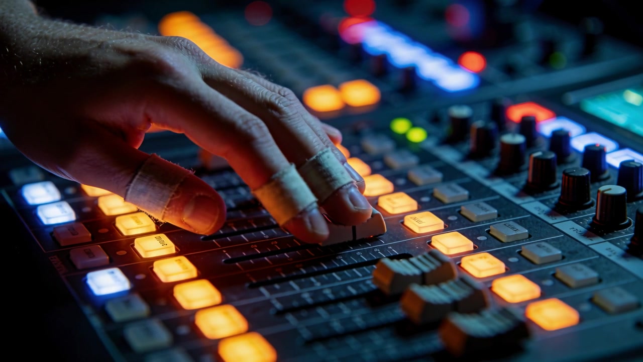 Responding to lit orange buttons, engineer manipulating taped fingers adjusting faders at studio