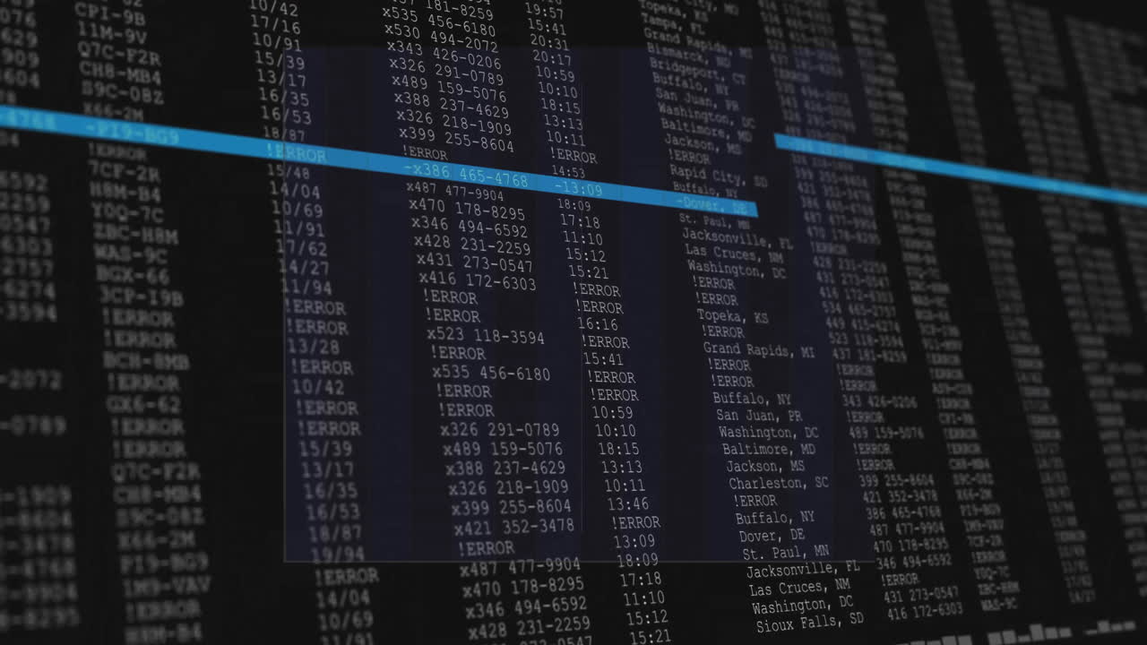 Computer monitor displaying highlighted error logs in flat design terminal UI, with monospaced text