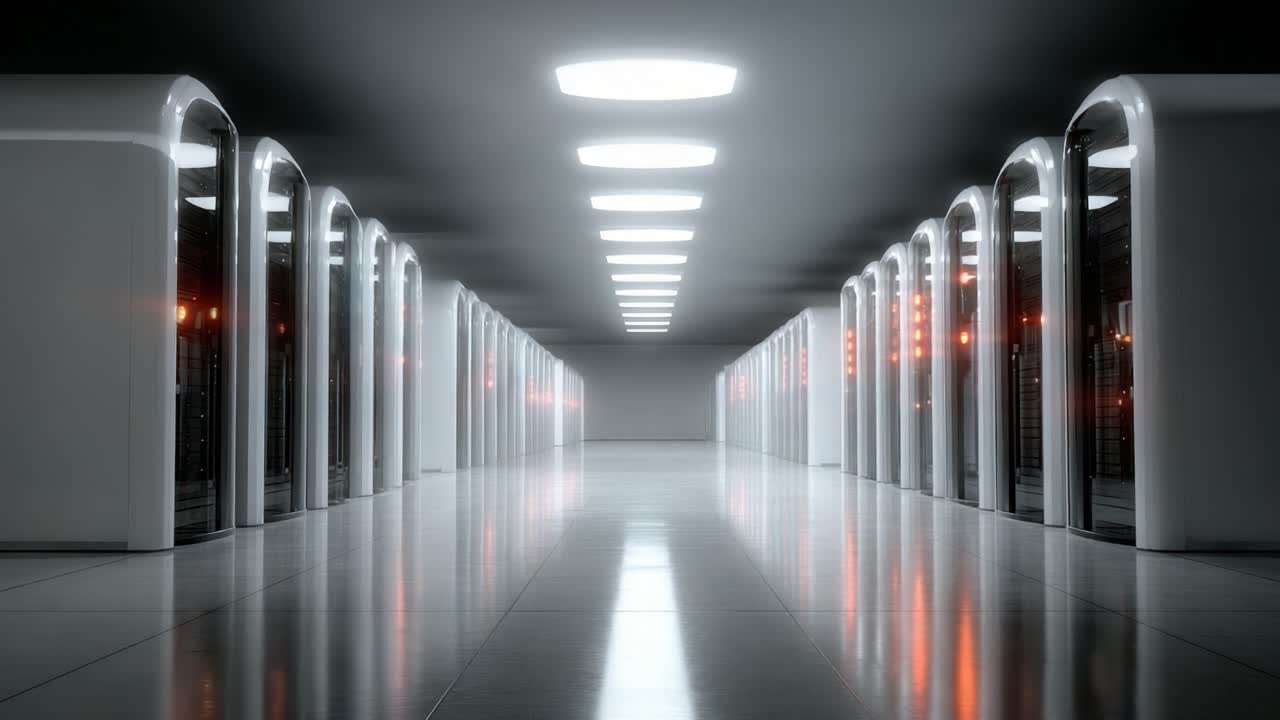A Futuristic Data Center: A High-Tech Corridor Illuminated by Bright Lights, Showcasing Rows of Server Cabinets with Shimmering Floors and Advanced Technology Infrastructure