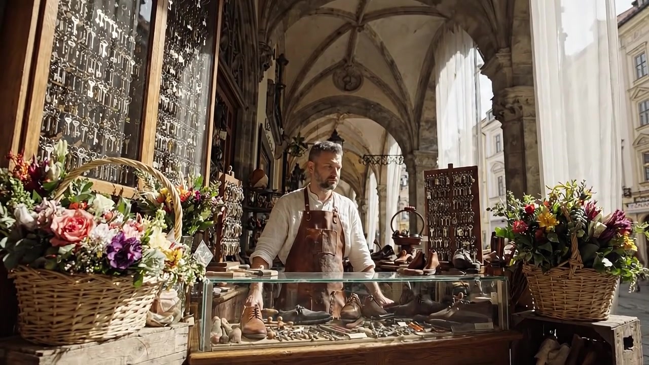 Calzolaio Artigiano che Espone Scarpe Fatte a Mano tra Vivaci Composizioni Floreali in un Contesto di Mercato Storico, Catturando l'Essenza dell'Artigianato Tradizionale