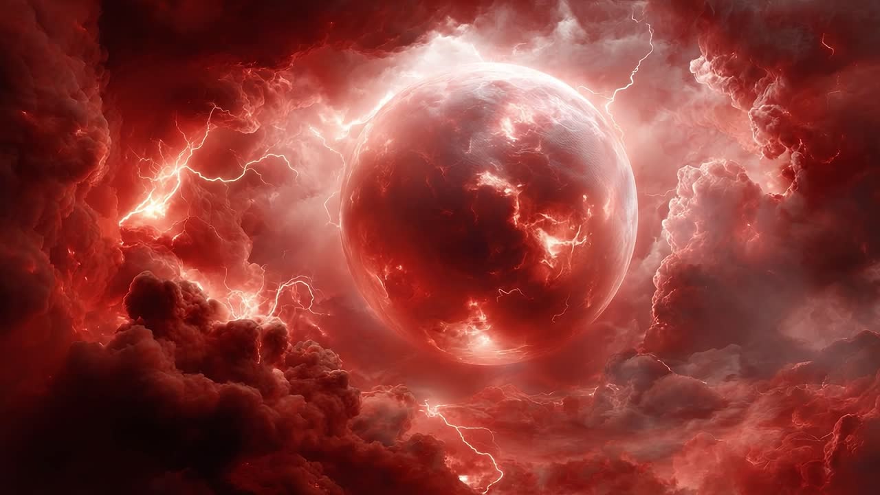 A Stunning Cosmic Scene Featuring a Fiery Red Planet Surrounded by Dark Storm Clouds and Electric Lightning, Capturing the Essence of Celestial Power and Mystery