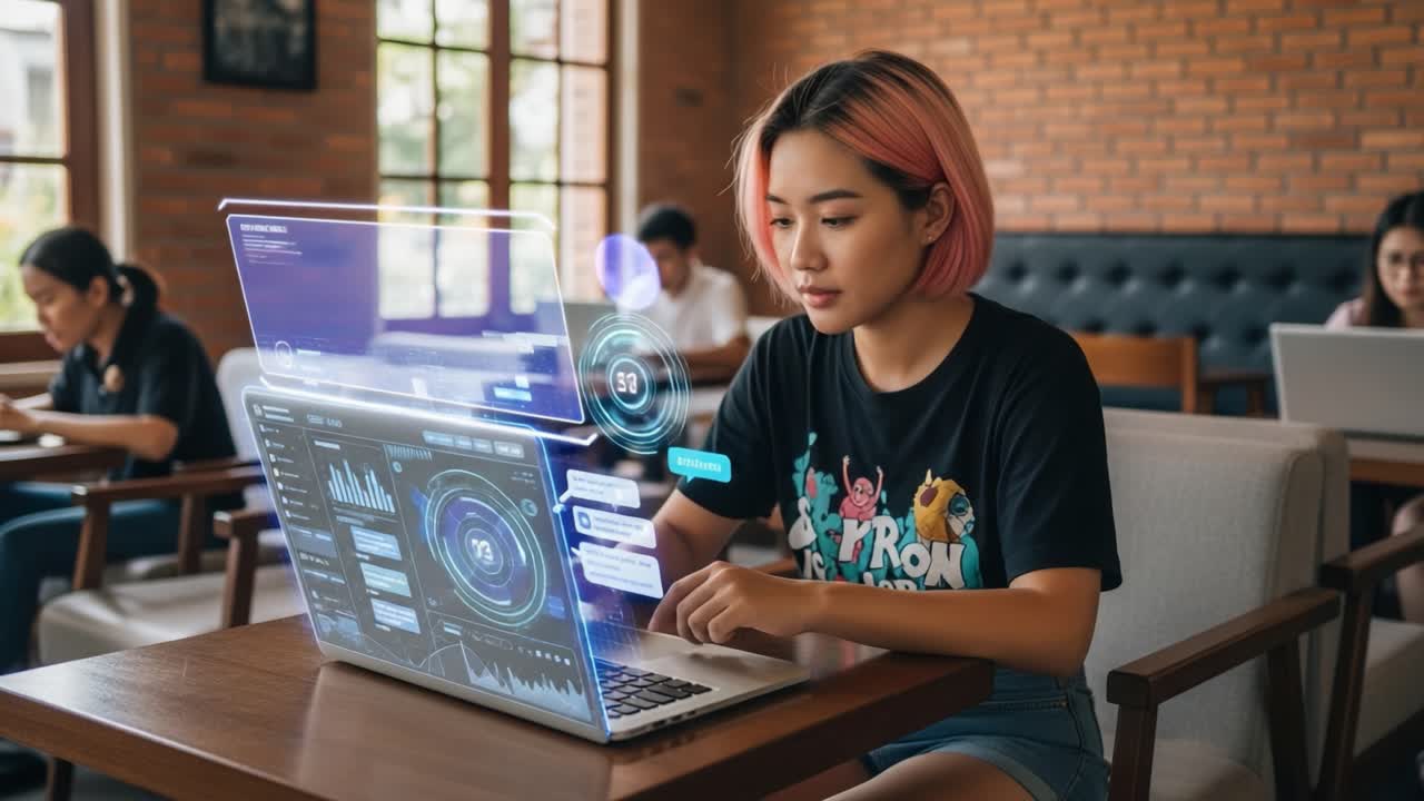 A young woman engaged in data analysis sits in a modern café, utilizing advanced AI tools on her laptop to visualize complex graphs and insights for her study.