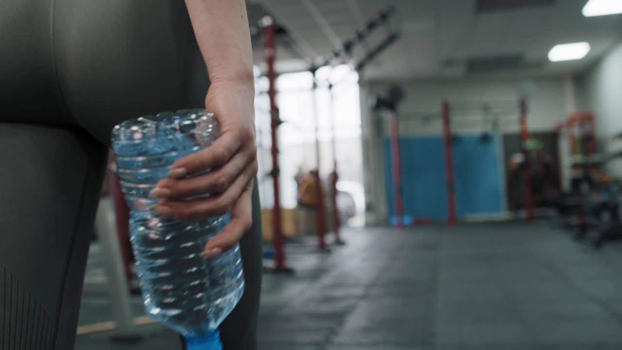 mujer joven caminando por el gimnasio mientras sostiene una botella de agua.