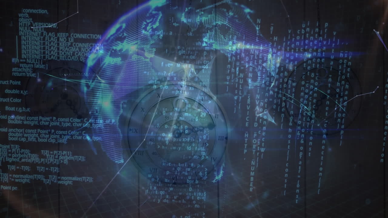 Animation of data processing over clock and globe