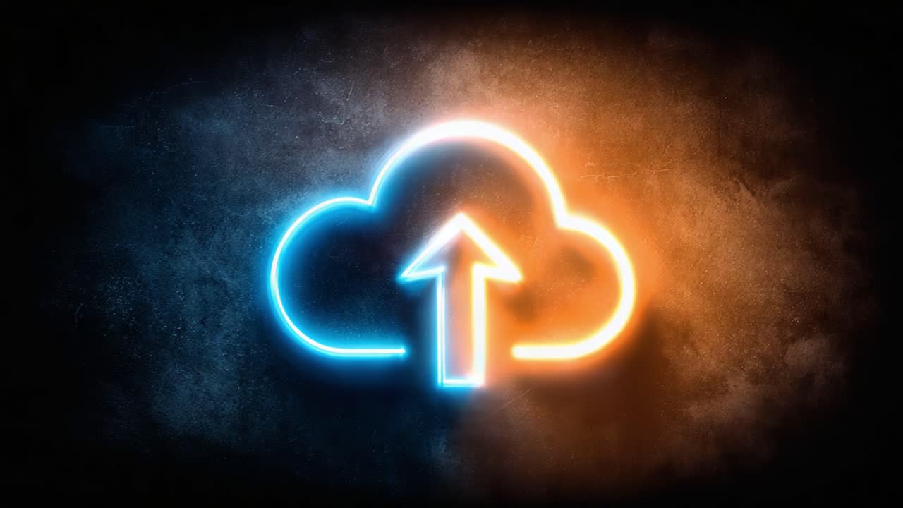 A Dynamic Representation of Cloud Technology with an Emphasized Upload Icon, Illuminated in Neon Colors against a Textured Dark Background